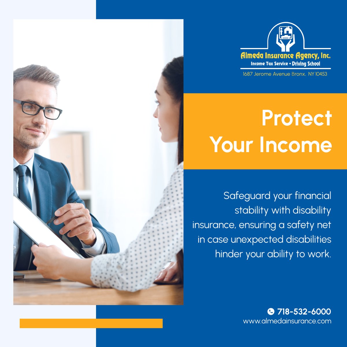 Don't let unexpected disabilities jeopardize your financial stability. Discover how disability insurance from Almeda Insurance Agency, Inc. can protect your income and provide peace of mind. 

#BronxNY #InsuranceServices #DisabilityInsurance #FinancialSecurity #InsuranceCoverage