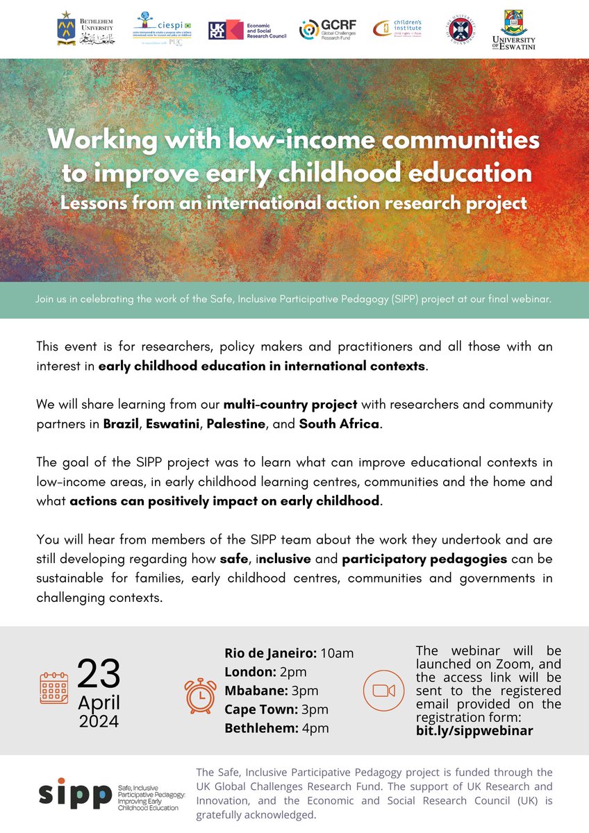 Webinar 🗨️ Researchers, policy makers and practitioners, join us and our international research partners, as lessons are shared on working with low-income communities to improve early childhood education. 🗓️ 23 April ⏰ See times on poster👇🏾 Register: bit.ly/3vTFeey