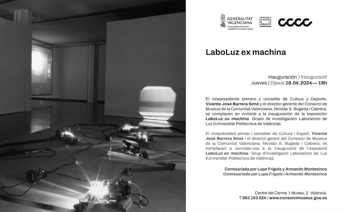 📢 El 18 de abril inauguramos en el @centredelcarme 'Laboluz ex machina', exposición dedicada a #Laboluz, el primer grupo de investigación vinculado a una facultad de Bellas Artes. Un proyecto centrado en la hibridación de arte, ciencia y tecnología. ➕consorcimuseus.gva.es/exposicion/ina…