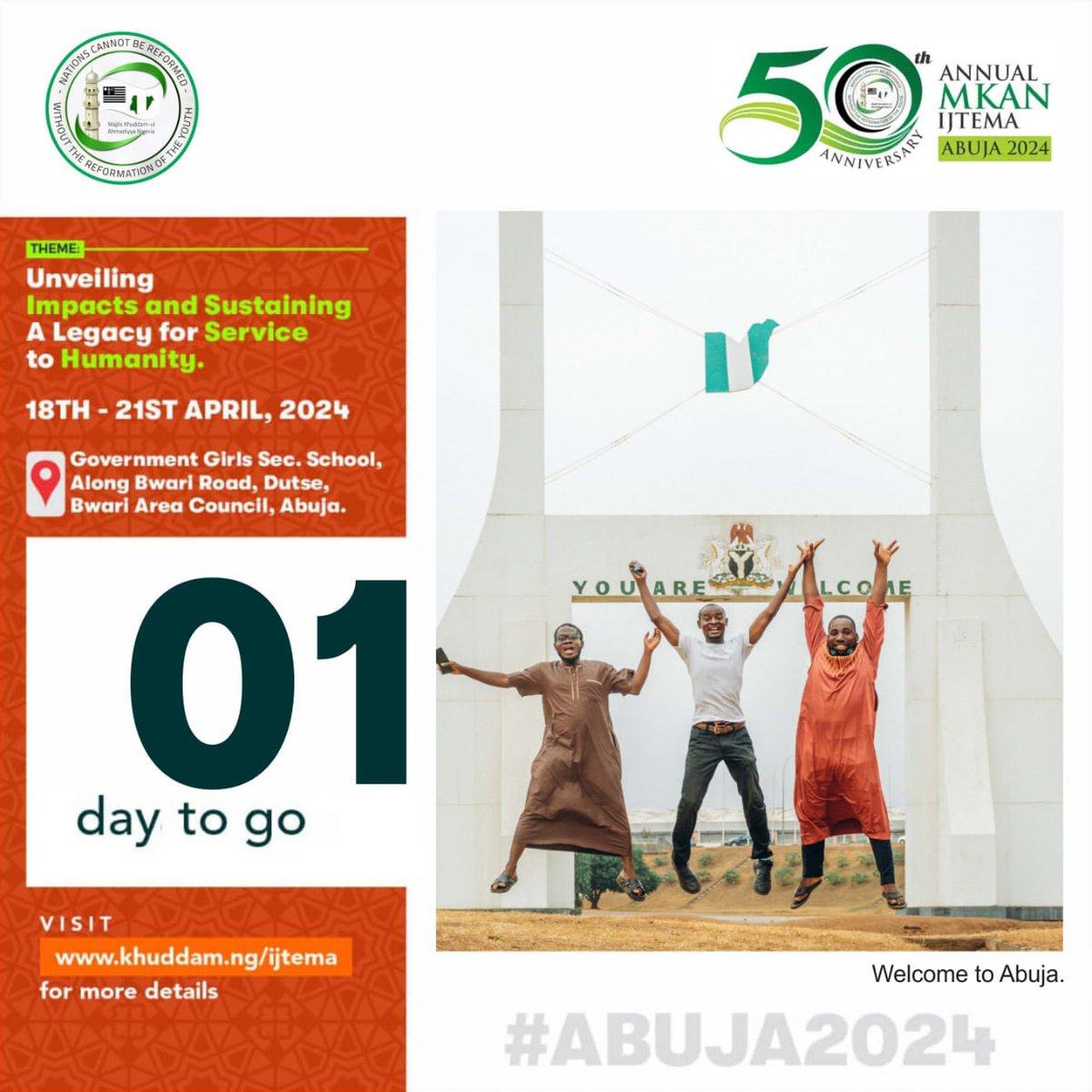 #Abuja2024 - 1 Day To Go

#MKANIjtema #MKANIjtemaat50 #AhmadiYouth #Ahmadiyya #MKAN
