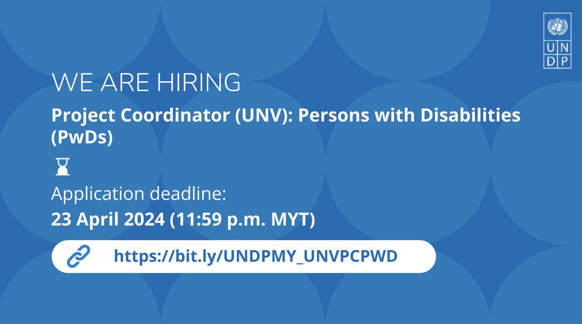 📣We are #hiring! #MyUNDP is looking for talents to join our team! Apply now via the following: ✍️ UNV: Project Coordinator for Persons with Disabilities 📆 23 April 2024 (11.59 p.m. MYT) 🖱️ bit.ly/UNDPMY_UNVPCPWD #JobsMalaysia #jobsearch #recruitment
