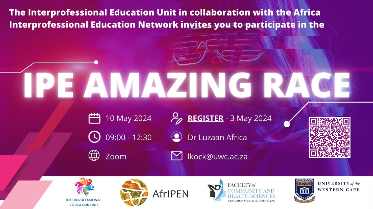 We are thrilled to invite you to register for the IPE Amazing Race. The Interprofessional Education Unit (IPEU) and the Africa Interprofessional Education Network (AfrIPEN) will co-host this online event on 10 May 2024. docs.google.com/forms/d/e/1FAI…