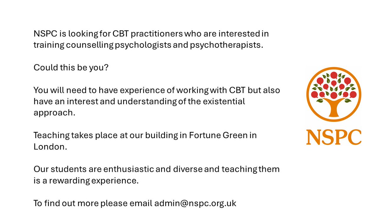 We are looking for CBT practitioners who would like to join our pool of teaching consultants. Teaching takes place on either a Wednesday, Saturday or intensive blocks at our building in Fortune Green, North London. Please retweet! @dcopuk @UKCP_Updates