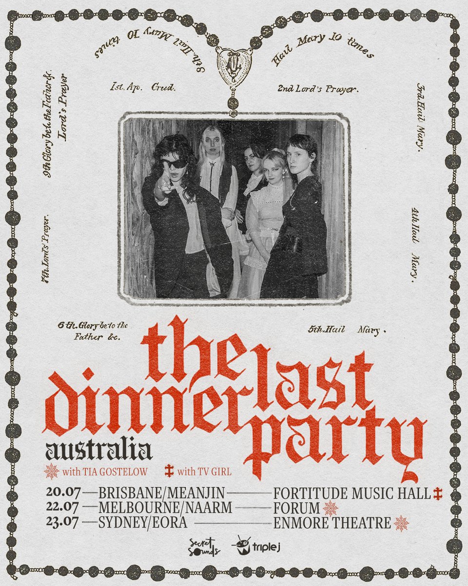 .@lastdinnerparty @secretsounds UK baroque indie five-piece, The Last Dinner Party will tour Australia throughout July, inviting audiences in Brisbane, Melbourne and Sydney into their fantasy of haunting melodies, explosive choruses and tragic yet triumphant lyrics...