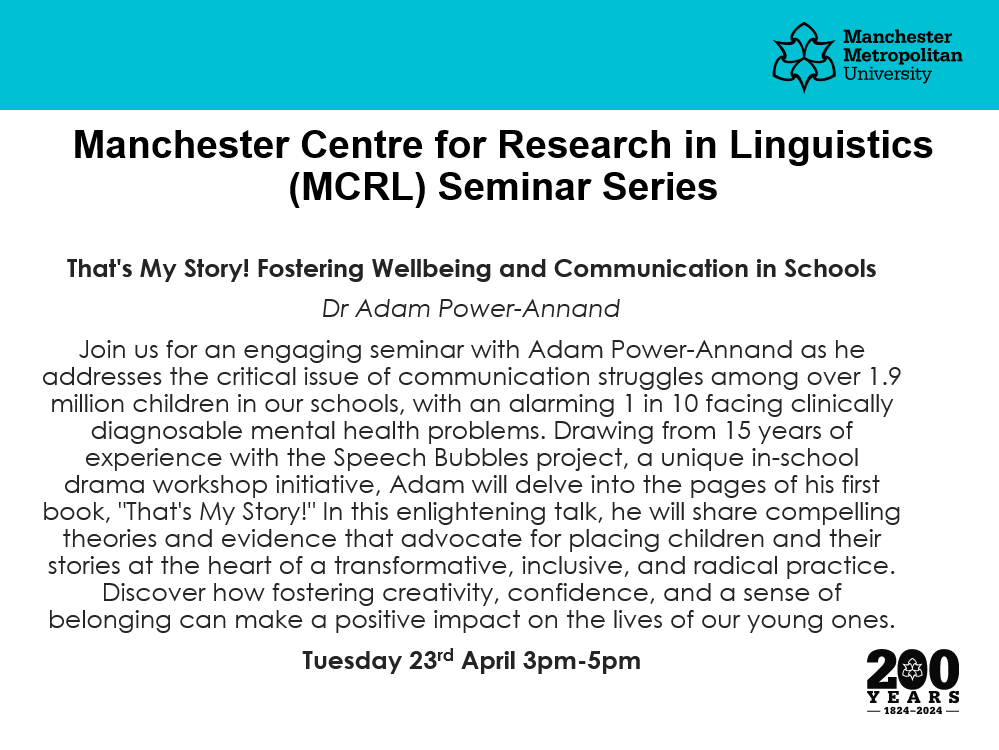 We are delighted to announce our second talk in our MCRL seminar series! Join us on Tuesday 23rd April (3pm-5pm) for Dr Adam Power-Annand giving a talk titled 'That's My Story! Fostering Wellbeing and Communication in Schools'. link here: tinyurl.com/mr3pmhfy