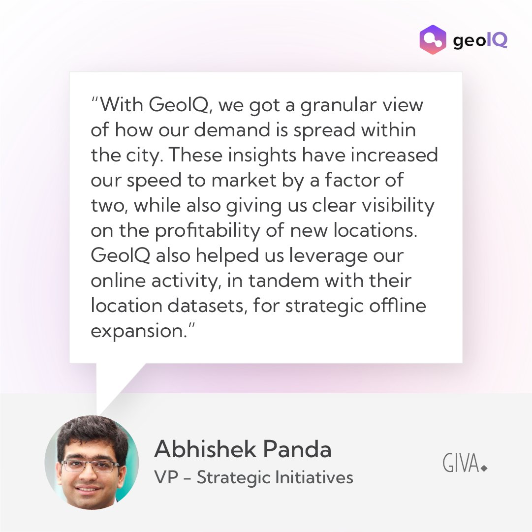 GeoIQ is making waves in retail expansion! Here's what Abhishek Panda, VP -Strategic Initiatives at GIVA has to say about us. A prime example of our success in helping retail brands grow. Ready to join the journey?

#GeoIQ #RetailSuccess #LocationIntelligence #ClientTestimonial