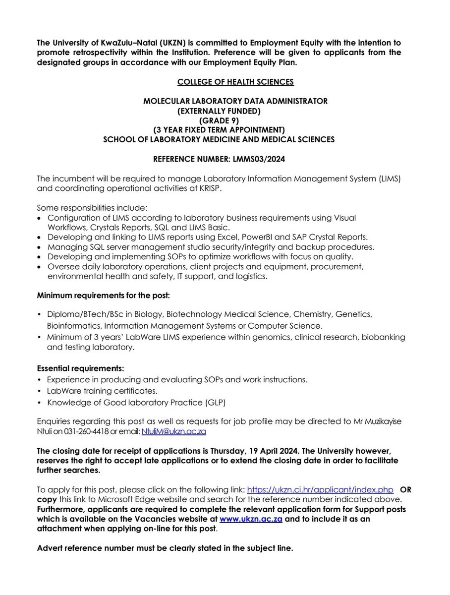 krisp_news's tweet image. **Job Opportunity**

We are looking for an experienced and dynamic data administrator to join the team!

Applications close on April 19th.  Follow the link below and apply now!

shorturl.at/acoyJ

#sciencejobs #administration #careerdevelopment 

@UKZNCHS @UKZN @ceri_news