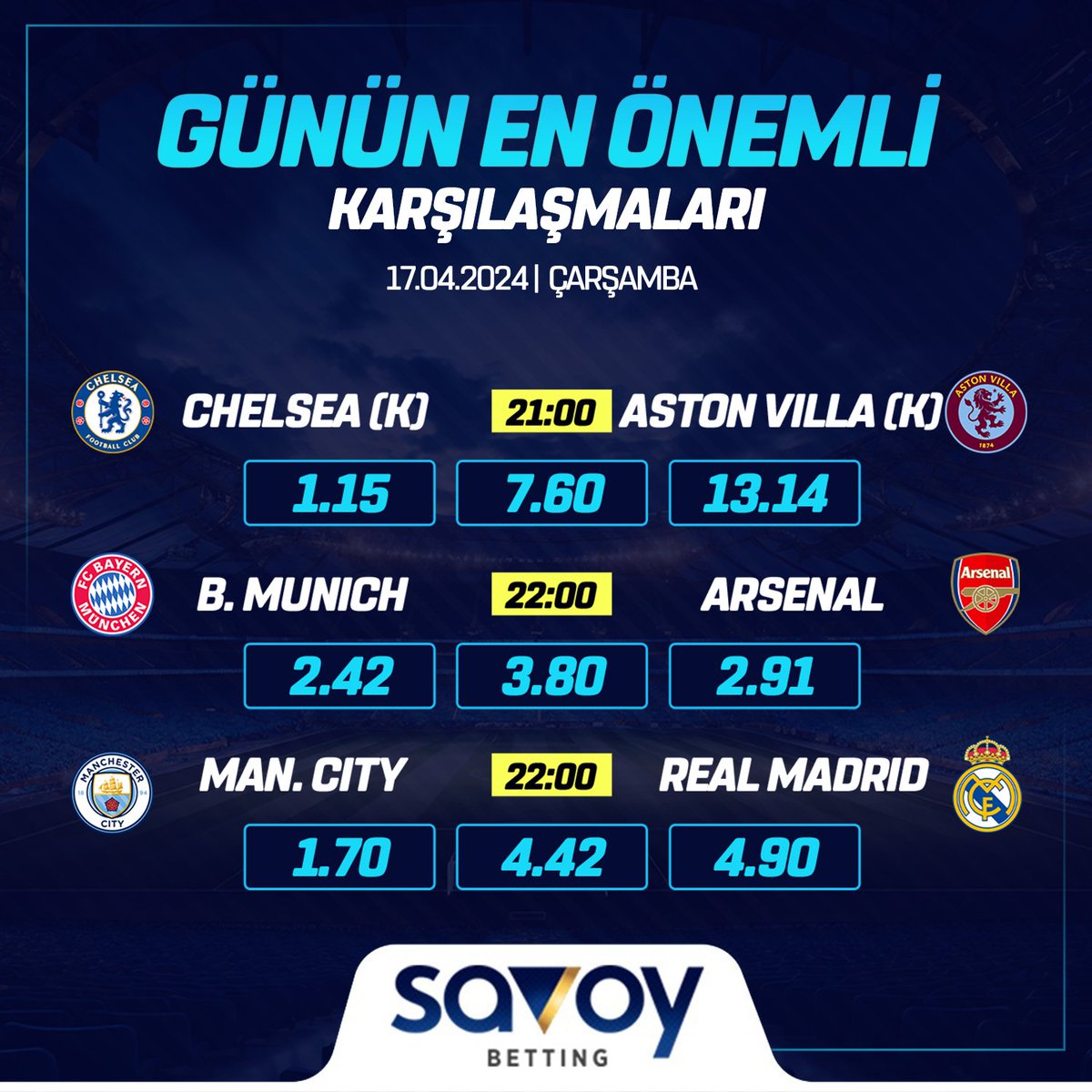 💎 Günün En Önemli Karşılaşmaları #Savoybetting'te..!

🔷 21:00| #Chelsea(K) 🆚 #AstonVilla(K)
🔷 22:00| #BayernMünich 🆚  #Arsenal
🔷 22:00| #ManchesterCity 🆚  #RealMadrid

⚡️ Kıyaslanamaz bonus çeşitliliğinde kazancınızı garantileyeceğiniz tek adres;
🔗 savoysosyalgiris.com/gir