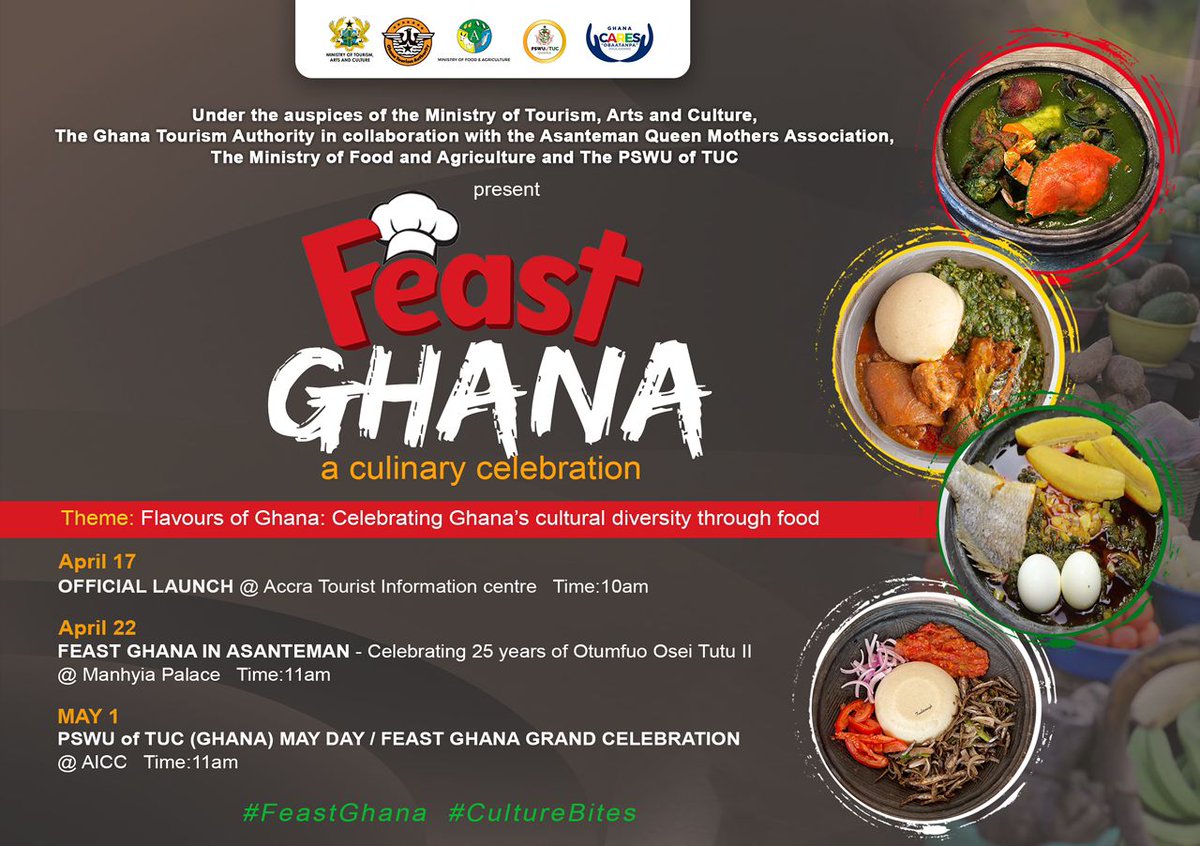 ghanatourismGTA's tweet photo. Did you know that Ghanaian cuisine is a reflection of our diverse culture and heritage? Let's celebrate the vibrant flavours of Ghana!
Join the launch of 'Feast Ghana' today.
Also happening; GTA Ladies Club #RepYourRegion @ 10am at ATIC.
#FeastGhana #FlavourOfGhana #CultureBites https://t.co/wH7m2zK0UG