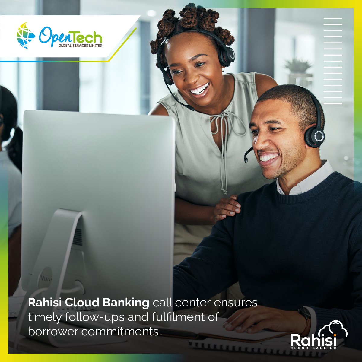 Rahisi Cloud Banking is designed to assist call center agents in timely follow-ups and achieve borrower commitment fulfillment, reducing errors, and increasing productivity. 
#Microfinance #Fintech #CallAgents #MobileMoney #CloudSolution  #Productivity #Efficiency #Customer #MFI