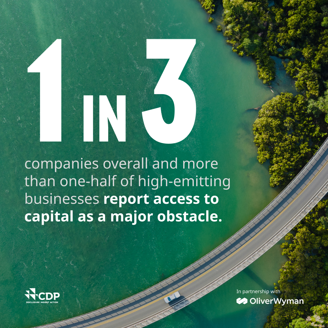 Our analysis with @CDP cites access to capital as a major obstacle for a third of disclosing companies transitioning towards a net-zero economy. Yet, 1/3 of companies overall report access to capital as a key concern. We need to Get The Money Moving > owy.mn/3TzOzjn