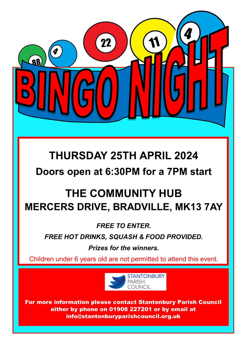 NEXT WEEK: FREE TO ENTER BINGO NIGHT Thursday 25th April 2024 The Community Hub, Mercers Drive, Bradville, MK13 7AY Doors open at 6:30pm for a 7pm start For more infoation please contact Stantonbury Parish Council on 01908 227201 or info@stantonburyparishcouncil.org.uk.