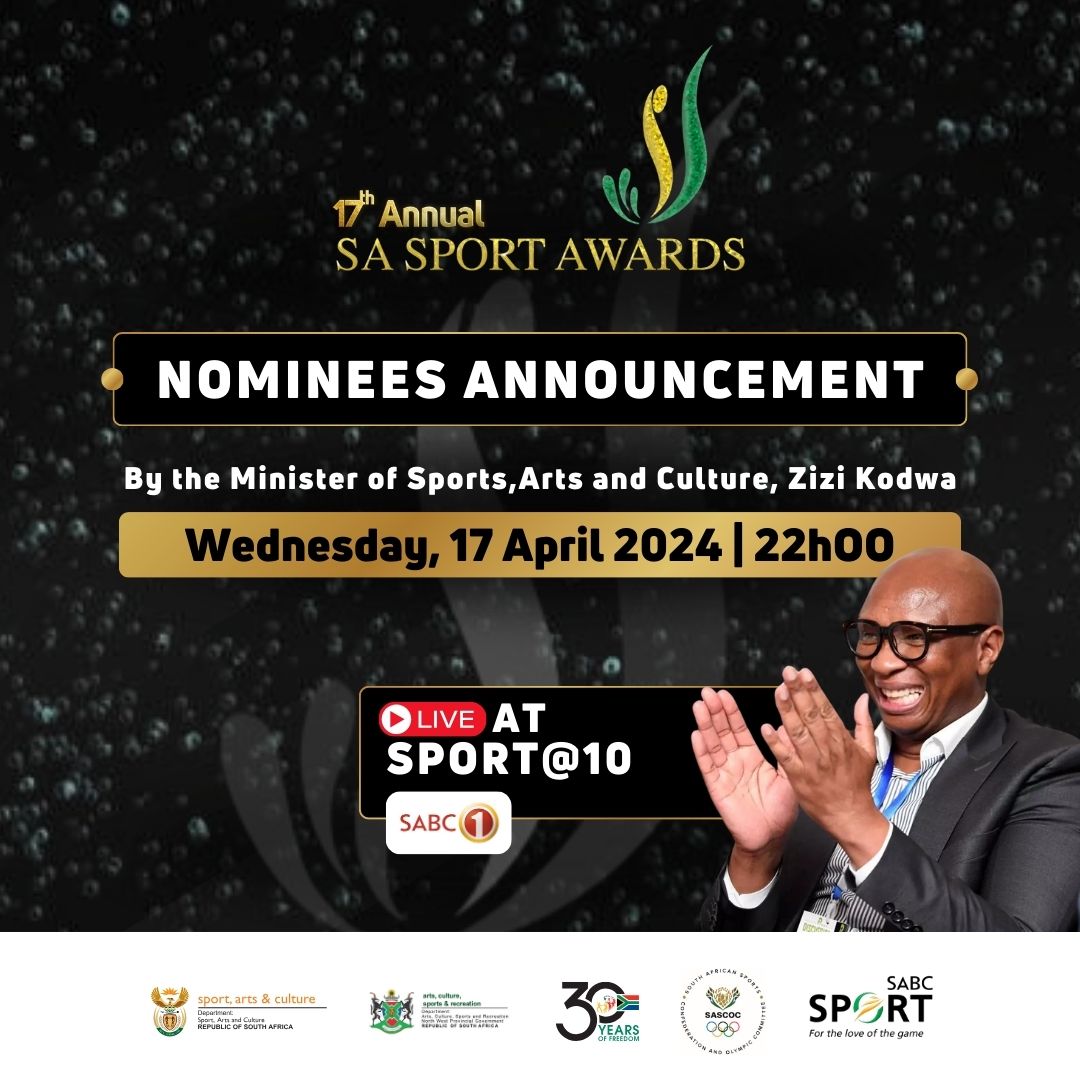 SABC_Sport's tweet photo. Don't miss Sport@10 tonight as Minister of Sport, Arts &amp; Culture Zizi Kodwa reveals the nominees for the SA Sport Awards! 🥇

🚨Live 
📅Wed, 17 April 
⏲️22:00
📺SABC Sport &amp; SABC 1 
📱SABC+
🌐https://t.co/LBeIFsaMRu 

#SASportAwards #SABCSport https://t.co/1Xm5ToDHjT