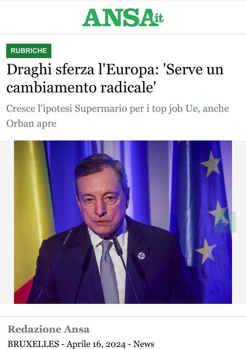 Io penso che #Draghi con le sue proposte “radicali” stia facendo ciò che gli è stato chiesto: che fare perché la #UE sia competitiva? Unirsi e cambiare tutto. Proprio per questo (purtroppo) NON è un candidato realistico ai vertici di questa #UE.