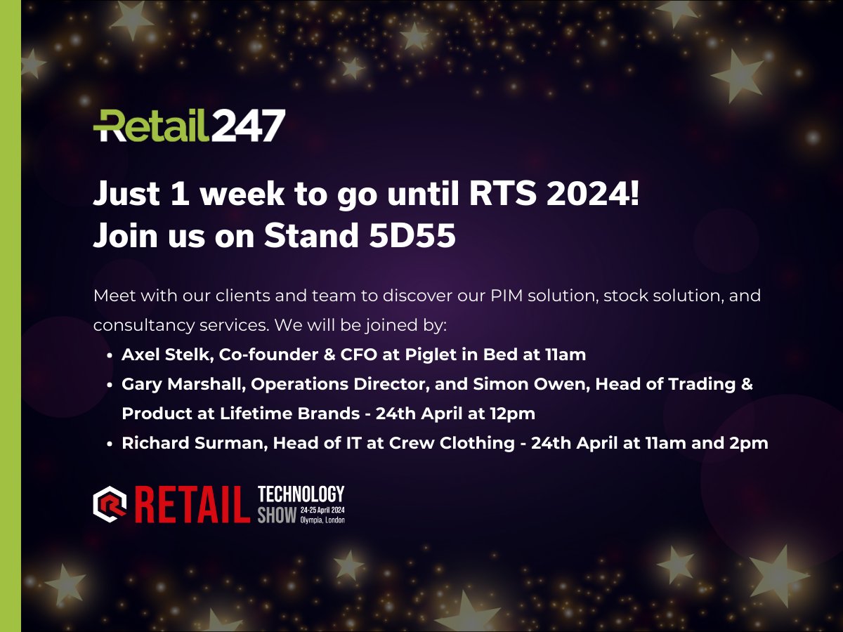 Just 1 week to go until #RTS2024! Come and join us and our clients on Stand 5D55 ⭐

Book a slot here > retail247.com/retail-technol…

#retailtech #retailtechnologyshow #retailsolutions