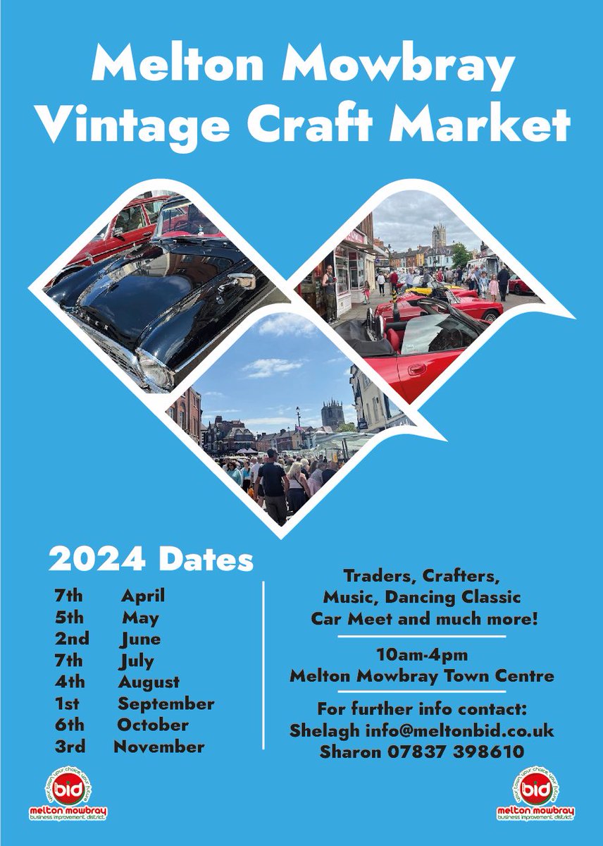 Just over 2 weeks until we return to the town centre with the May Vintage Craft Market & Classic Car Meet! A great line up of local crafters & traders, local produce, food & drink, dancing & classic car meet #melton #meltonmowbray #crafts #classiccar @meltontimes @MyMelton6
