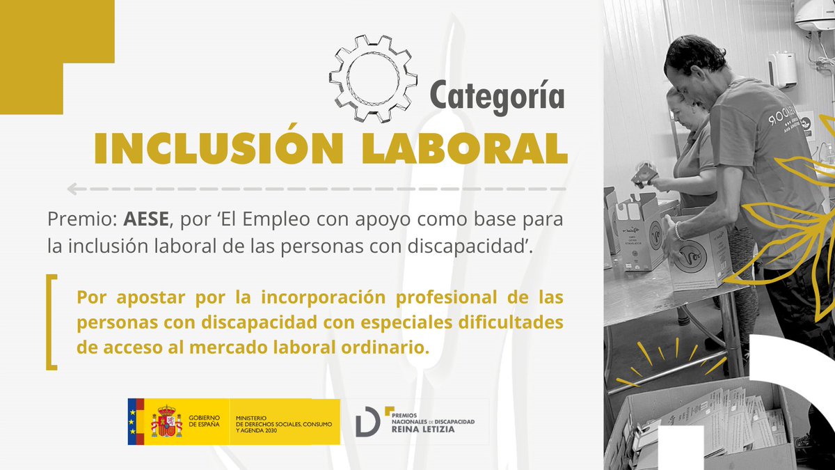 Real Patronato sobre Discapacidad y D. G. (@rpdiscapacidad) on Twitter photo <a href="/aiglesia_uc3m/">Ana Iglesias</a> <a href="/Gigabd1/">Gigabd</a> <a href="/AytoCartagenaES/">Ayuntamiento de Cartagena</a> <a href="/consaludmental/">SALUD MENTAL ESPAÑA</a> 4⃣. El premio de inclusión #laboral es para:
🏆 La Asociación Española de <a href="/EmpleoconApoyo/">AESE</a> por ‘El #Empleo con apoyo como base para la #inclusión laboral de las personas con #discapacidad y parte fundamental de sus proyectos de vida’.
Noticia completa: bit.ly/PNDisca23 <a href="/aiglesia_uc3m/">Ana Iglesias</a> <a href="/Gigabd1/">Gigabd</a> <a href="/AytoCartagenaES/">Ayuntamiento de Cartagena</a> <a href="/consaludmental/">SALUD MENTAL ESPAÑA</a> 4⃣. El premio de inclusión #laboral es para:
🏆 La Asociación Española de <a href="/EmpleoconApoyo/">AESE</a> por ‘El #Empleo con apoyo como base para la #inclusión laboral de las personas con #discapacidad y parte fundamental de sus proyectos de vida’.
Noticia completa: bit.ly/PNDisca23
