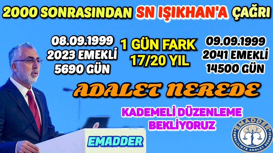 İnsanlar arasında ayrımcılığa neden olan EYT düzenlemesi geride milyonlarca yeni mağdur yarattı.

1 gün için 17/20 yıl adil değildir.

Gelecek kaygısı yaşayan 2000 sonrası adalet ve eşitlik için seslerini duyurmaya çalışıyor.

#KademeTalepDeğilHaktır
@isikhanvedat
@RTErdogan