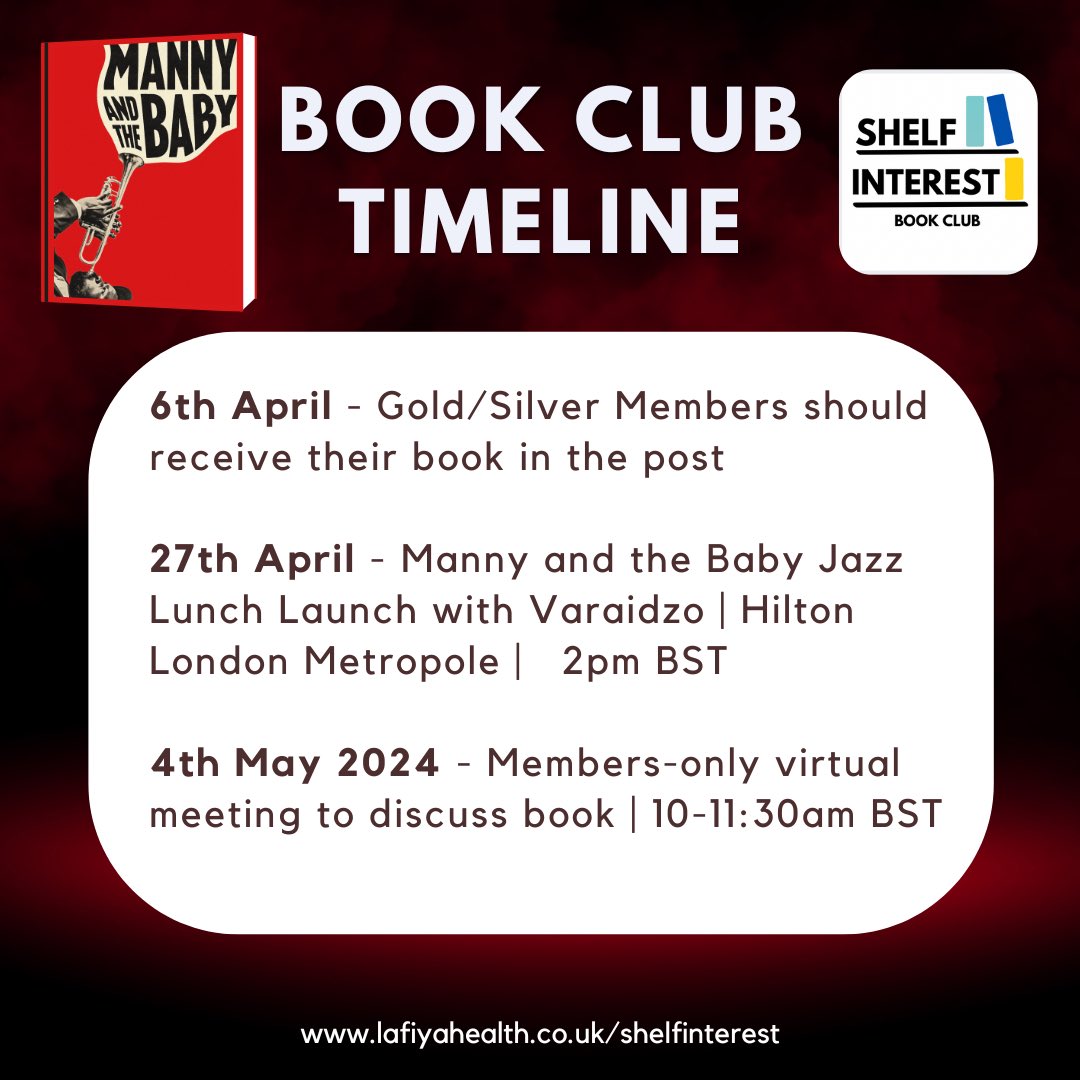 “Manny and the Baby” by Varaidzo is our book club’s April read! 📕

We can’t wait to read this exploration of Black Britishness through the ages! Stories with multiple timelines are so exciting to piece together! ⏳

Join us and/or get event tickets 🎟️: lafiyahealth.co.uk/shelfinterest