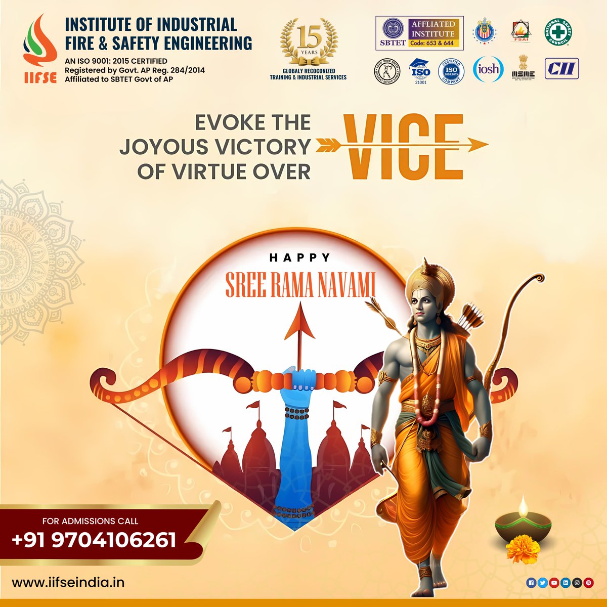 INSTITUTEOFIND2's tweet image. 🏹 Happy Sri Rama Navami! 🌺

Let's celebrate the triumph of virtue over vice on this auspicious day

For admissions, call us at +91 9704106261 or visit iifseindia.in

#HappyRamNavami #SriRamaNavami #VirtueOverVice #AdmissionsOpen
#SafetyCourses #Visakhapatnam #SBTET