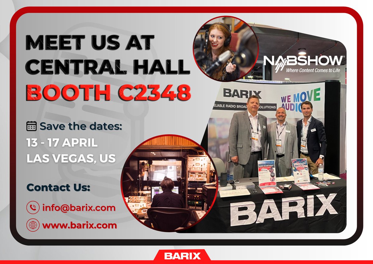 🎙 Last day at #NAB2024 in Las Vegas! Don't miss the chance to stop by and chat with our @Barix experts. Let us help bring your #broadcast project to life!

Our team communicates in English, Spanish, Portuguese, and German. 

#broadcasters #audiosolutions #audioengineering