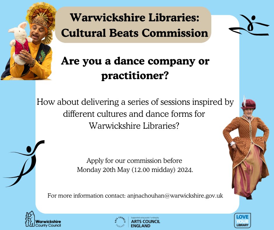 @warkslibraries have an exciting new Cultural Beats commission, to deliver 10 dance sessions inspired by different cultures & aimed at 4 different target groups. To support health & wellbeing through storytelling & movement. D/L: 20th May Info: bit.ly/3JmKEln