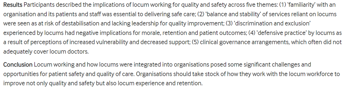 Out today in @BMJ_Qual_Saf our paper on quality and safety of locum doctor practice led by @janefergo. Key messages for organisations on how they use locums. Full paper open access at qualitysafety.bmj.com/content/early/…
