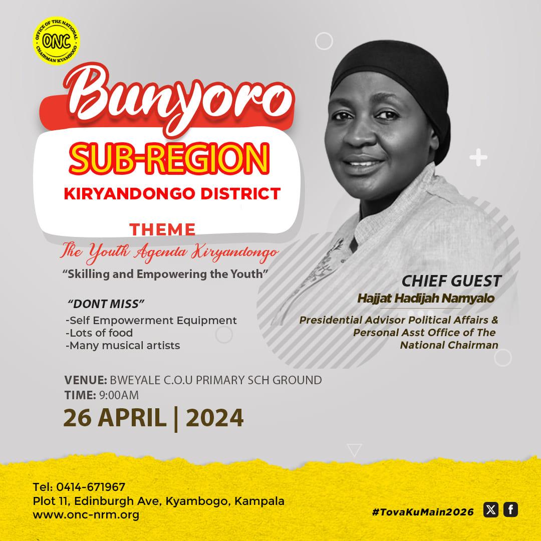 ONC boss SPA Namyalo Hadijah Uzeiye takes wealth creation campaign to Bazzukulu in Kiryandongo district. She will meet and empower hundreds of young people under different enterprises. Venue Bweyale C.O.U Primary school grounds, 26th April 2024 starting at 9:00Am.