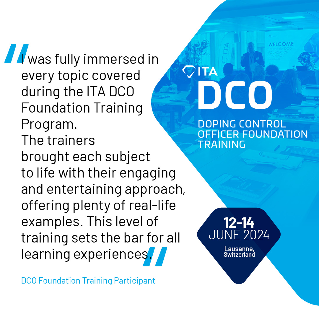 Exciting Opportunity☑️: the application for the ITA Doping Control Officer Foundation Training Program is now OPEN!

Date: 12-14 June 2024
Location: Lausanne, Switzerland

Application deadline: 03 May 2024, 11:00 pm (CEST)

Apply now!
ita.sport/dco-ft/

#KeepingSportReal
