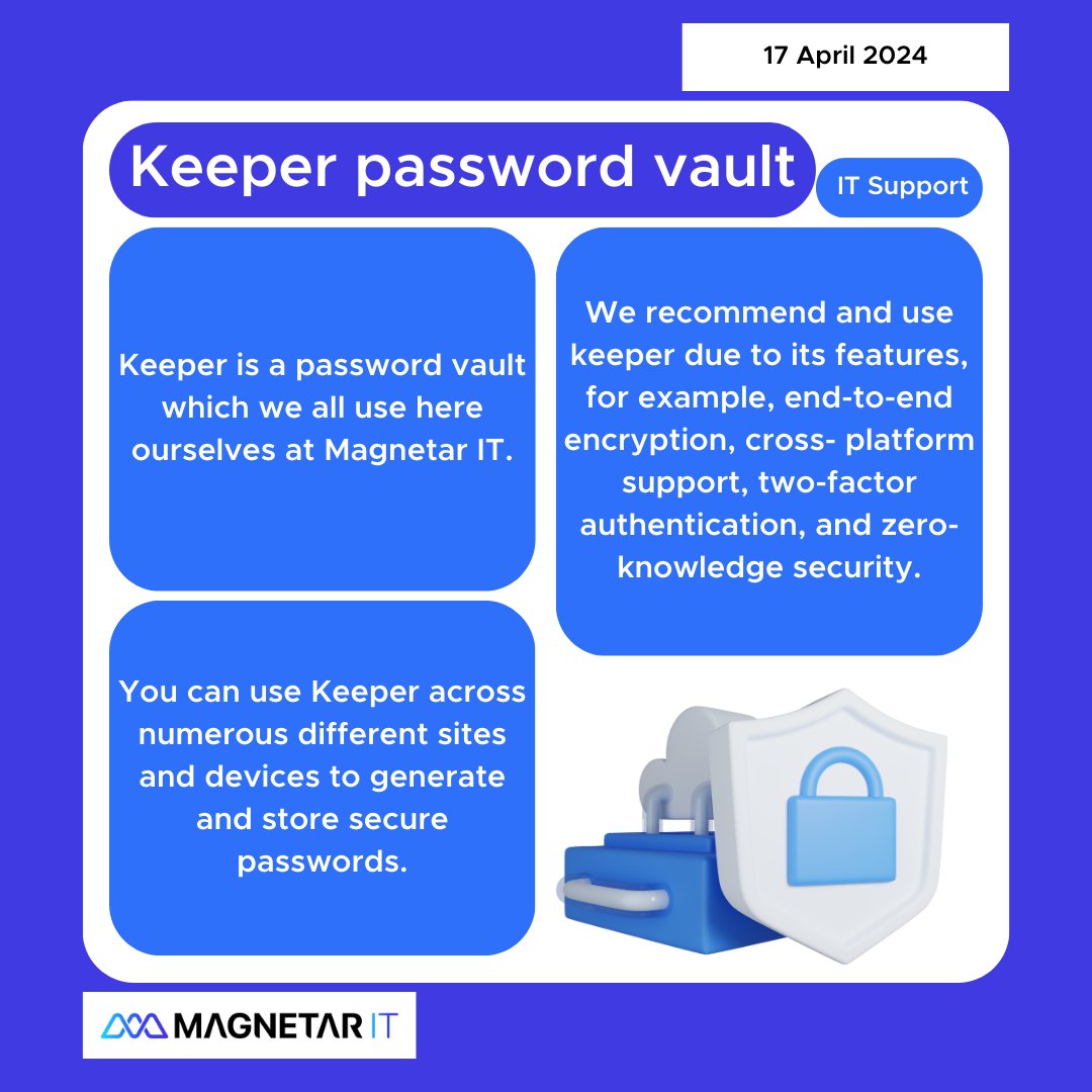 Why is Keeper password vault useful?✨ Here at Magnetar IT we can help businesses implement IT security protocols to ensure businesses and users remain safe and protected. ⚡ #magnetarit #ITsecurity #keeper #itconsultancy #passwordvault