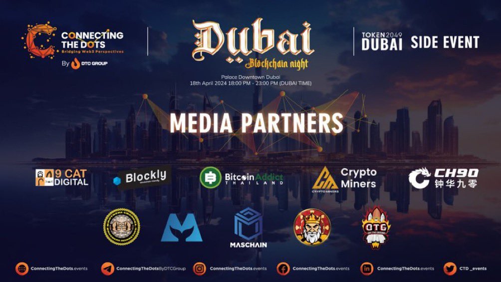 Dubai Blockchain Night 2024: Connecting the Dots x DIFY’s Web3 Fiesta - an event that goes beyond just a conference; it's a platform for change, growth and collaboration. 📅 Date: 18th April 2024 🕧 Time: 18:00 - 23:00 (Dubai Time) 📌 Venue: Palace Downtown Dubai This event is