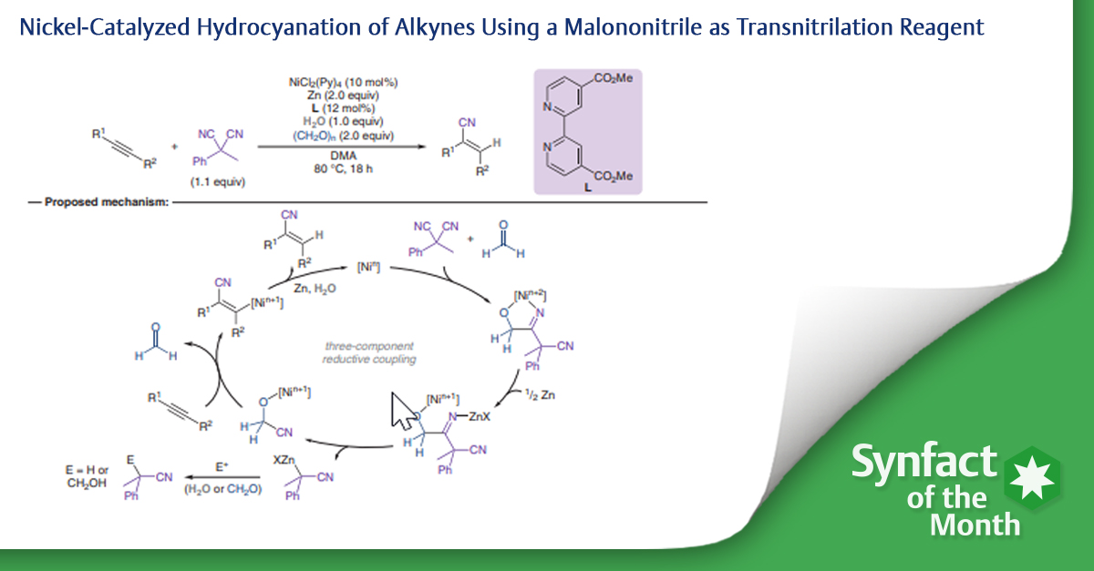 ❇️ In this Synfact of the month Martin Oestreich (@Silicon_Martin) highlighted the ‘Nickel-Catalyzed Hydrocyanation of Alkynes Using a Malononitrile as Transnitrilation Reagent` by Rousseaux SA. L. and co-workers from @UofT 😀 👉 brnw.ch/21wITn8