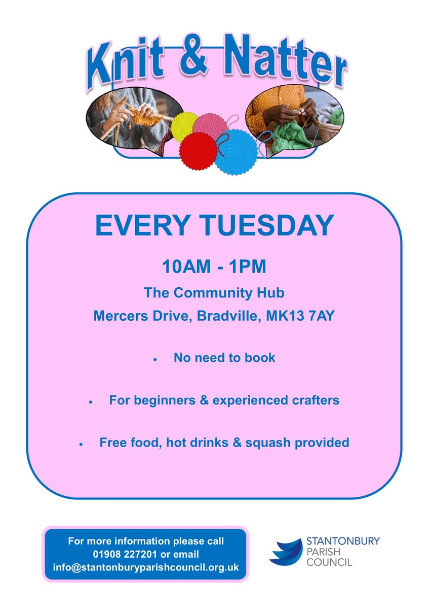 TOMORROW: KNIT & NATTER Tuesday 23rd April 2024 10AM - 1PM The Community Hub, Mercers Drive, Bradville, MK13 7AY For more information please contact Stantonbury Parish Council on 01908 227201 or info@stantonburyparishcouncil.org.uk.