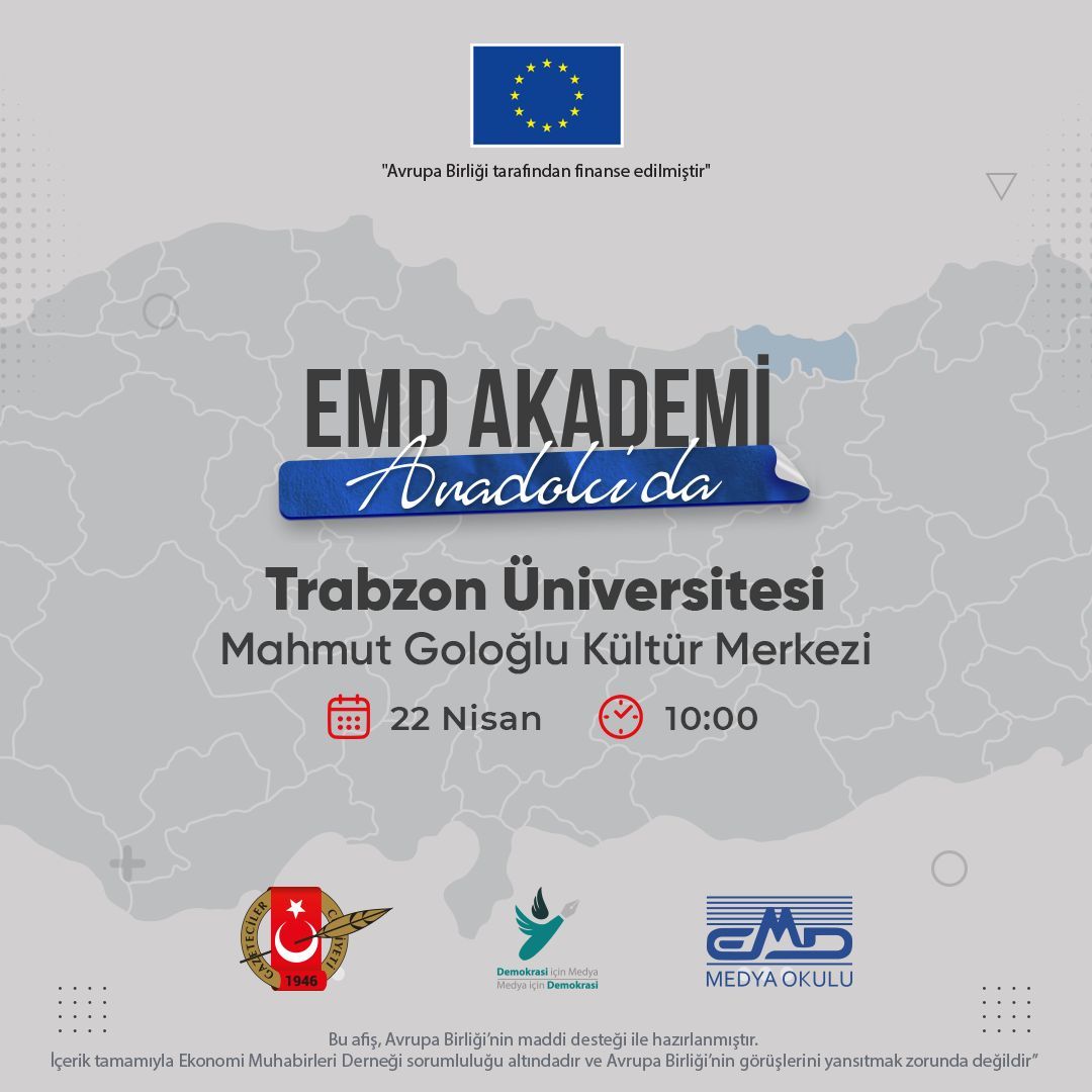 emdakademi's tweet photo. Emd Akademi Anadolu’da projesi kapsamında ilk durağımız Trabzon. Trabzon Üniversitesi öğrencileri ile 22 Nisan tarihinde Mahmut Goloğlu Kültür Merkezinde Buluşacağız buluşacağız.
#emdakademianadoluda #egitim #gazetcilik #muhabirlik #ekonomi #medya #gazetecilik #m4d @trabzonuniv https://t.co/lpTOV74QEf