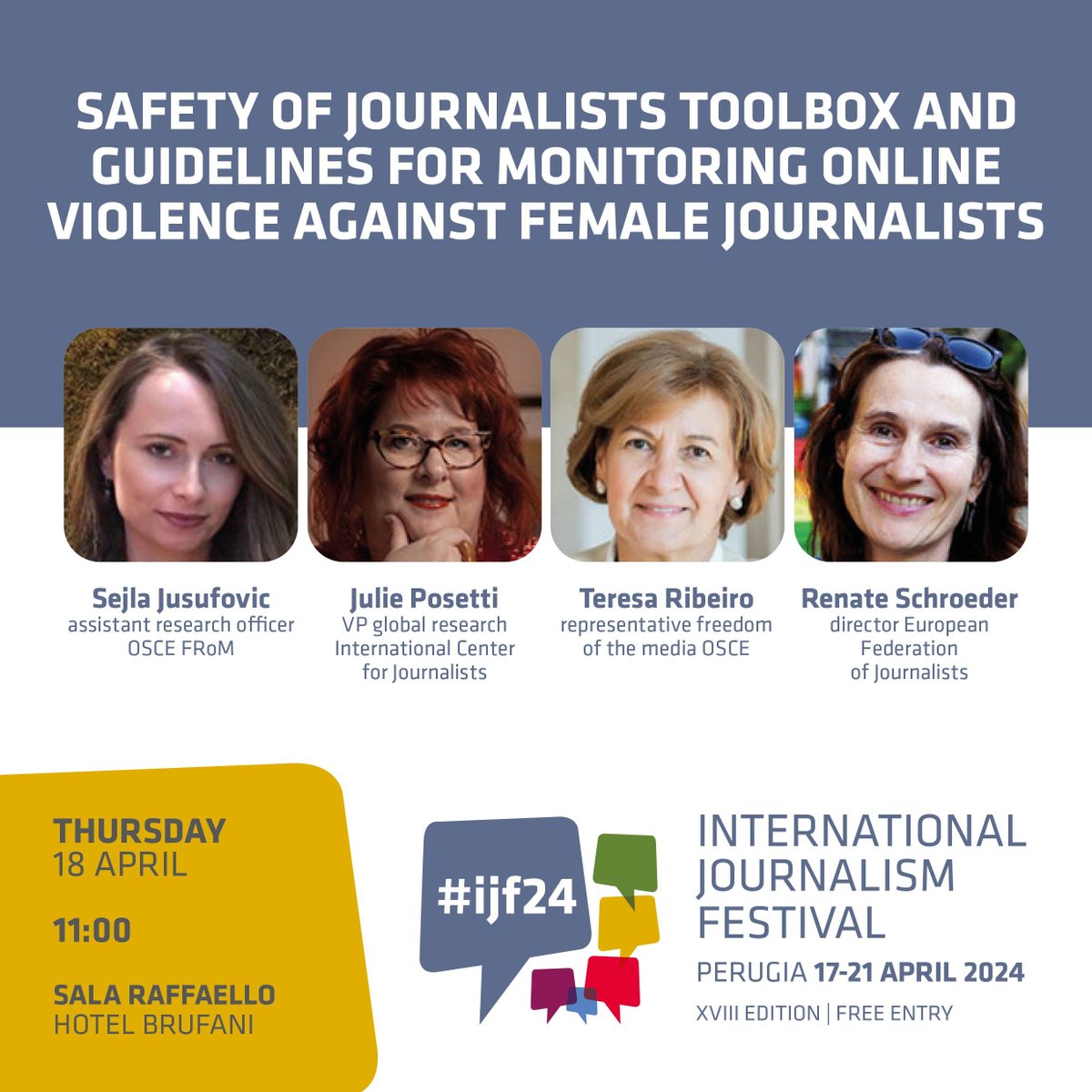 .<a href="/julieposetti/">Dr. Julie Posetti</a>, who leads ICFJ’s research, is at #IJF24 discussing concrete ways to empower and protect women journalists from #onlineviolence. Join her session in person or online: buff.ly/4cWV7Bv <a href="/journalismfest/">International Journalism Festival</a>