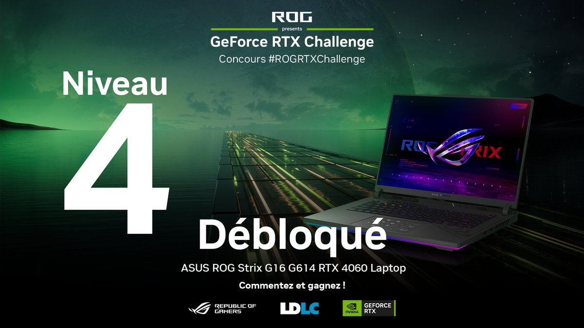 Inarrêtables ! 💪 Le Niveau 4 est débloqué et avec lui, un incroyable PC Portable @ASUS_ROG_FR G16 en RTX 4060 pour le prize pool ! 

VOUS LE VOULEZ ? 💻
1. Likez
2. Dites-nous avec #ROGRTXChallenge pourquoi vous devriez le gagner