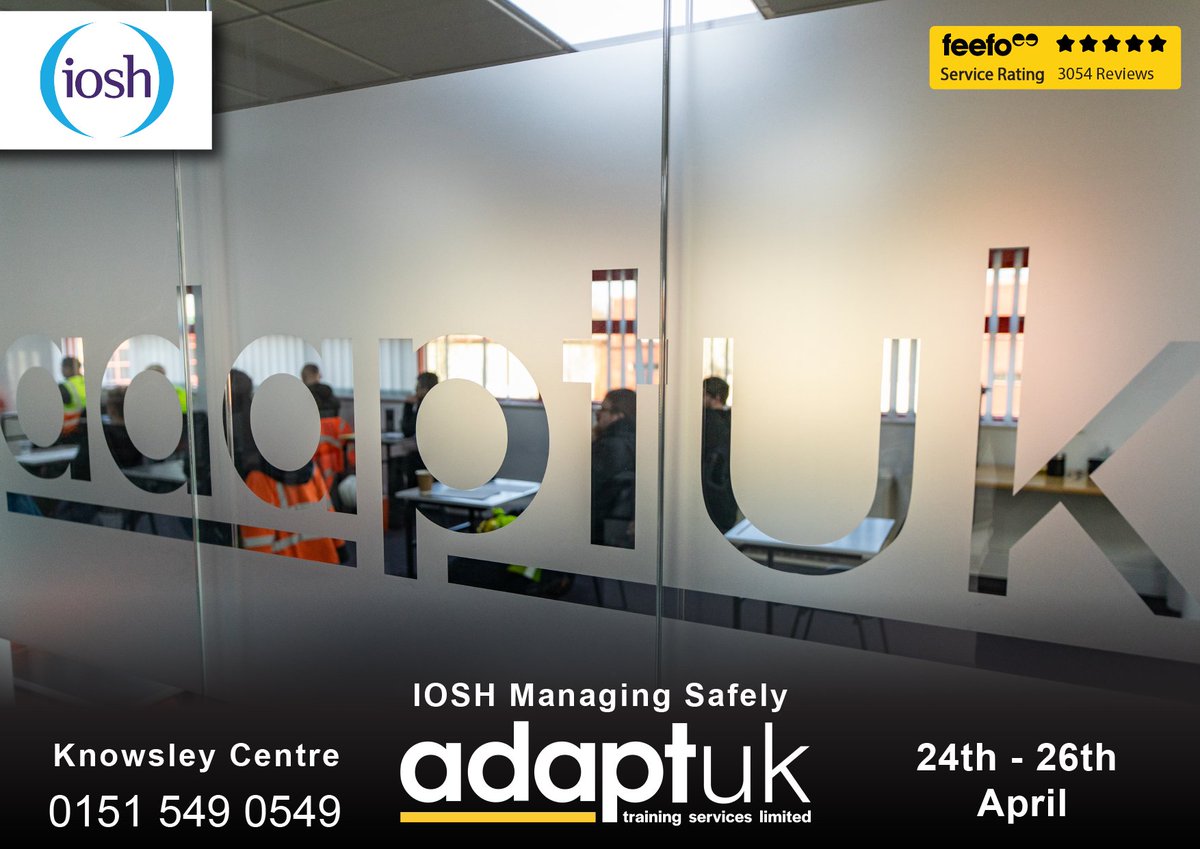 ✅IOSH Managing Safely 
🕑3 Day Course 
📆24th - 26th April 
📍Knowsley Training Centre 
📲0151 549 0549 

IOSH Managing Safely is the market-leading health and safety course for line managers. 

IOSH #IOSH #manager #safety #managingsafely

adapt-training.co.uk/health-safety-…