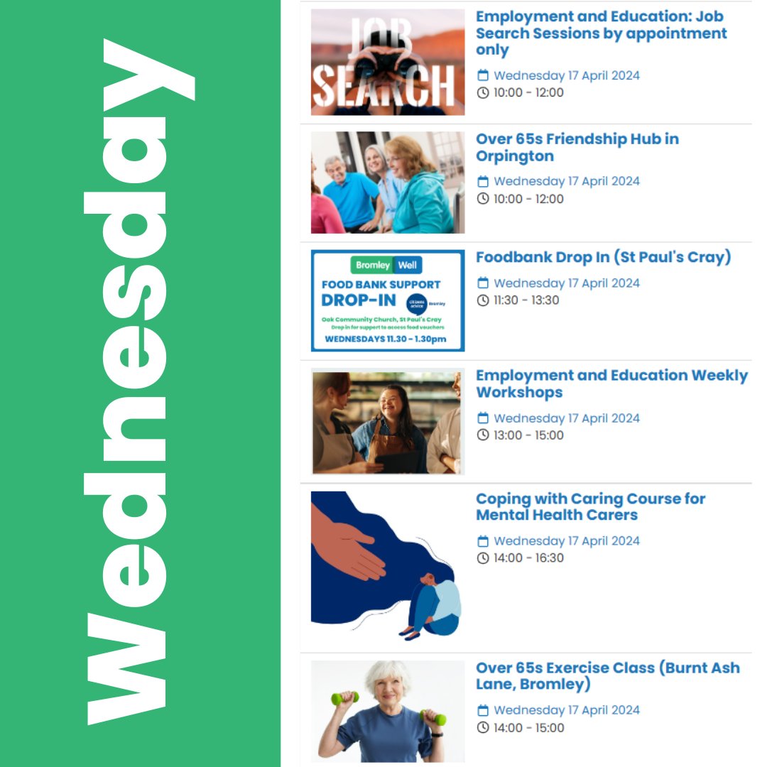 A very busy day today in our events calendar. Check the website for further details: bromleywell.org.uk/events/ @BromleyMencap @AgeUKBandG @SELMind @CAB_Bromley #carers #befriencing # employment #Bromley