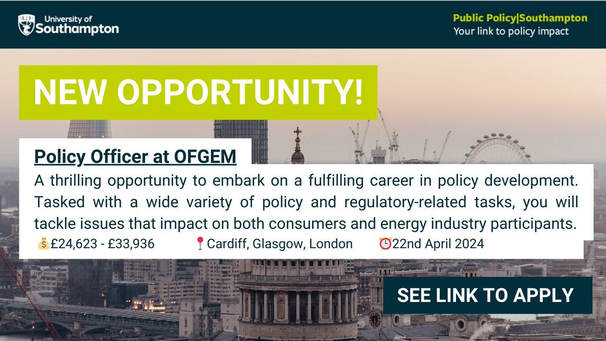 💼 Policy Officer at OFGEM Tasked with a wide variety of policy and regulatory-related tasks, you will tackle issues that impact on both consumers and energy industry participants. Apply here 👉 buff.ly/3Ul8XXd #JobOpportunity #PolicyOfficer #Policy