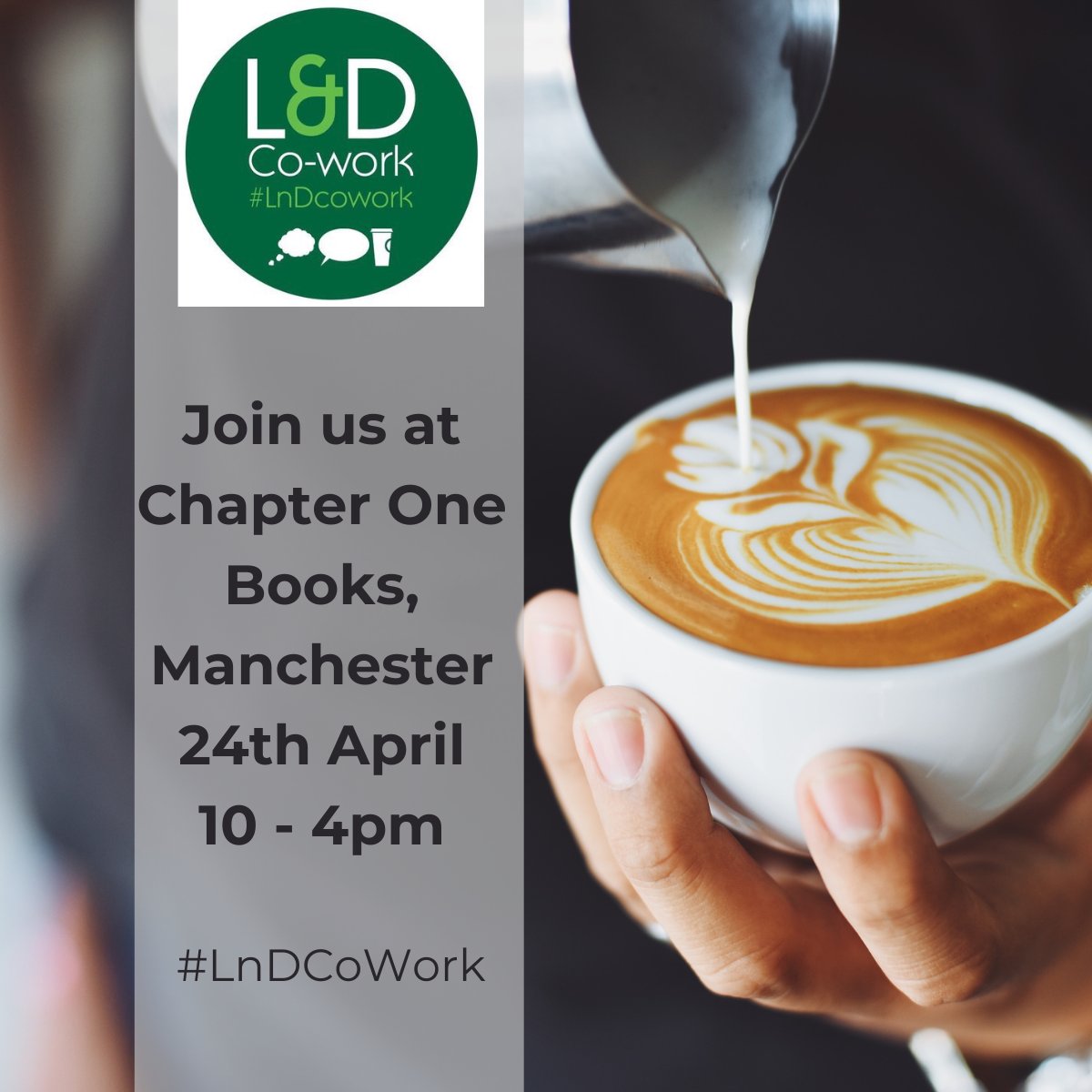 In one week, it will be the next #LnDCoWork on 24th April.  #LnDCoWork is open to anyone in L&amp;D, training, coaching and OD. 
We gather once a month between 10 - 4 at Chapter One Books, Lever St, Manchester. Future dates are 21/5 and 20/6 so why not drop in and say hello?