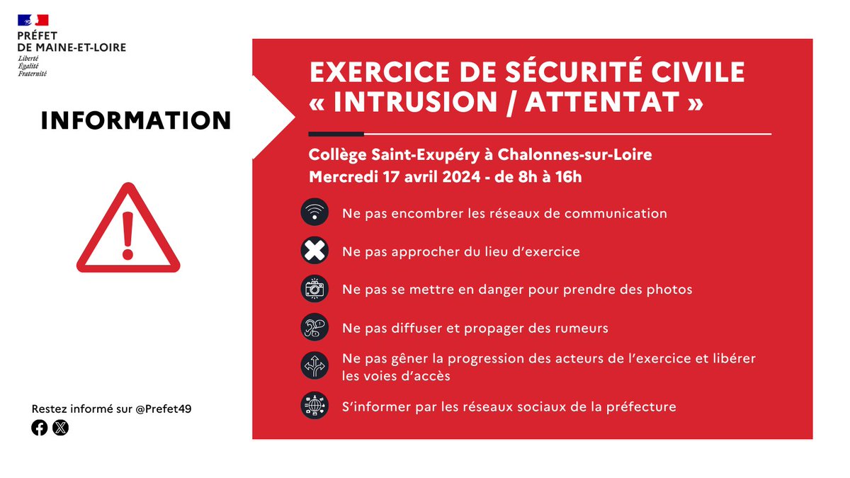 Annonce| Début de l'exercice de terrain de sécurité civile Un exercice de sécurité civile « intrusion / attentat » se déroule ce jour au collège Saint-Exupéry à Chalonnes-sur-Loire, de 8h à 16h.