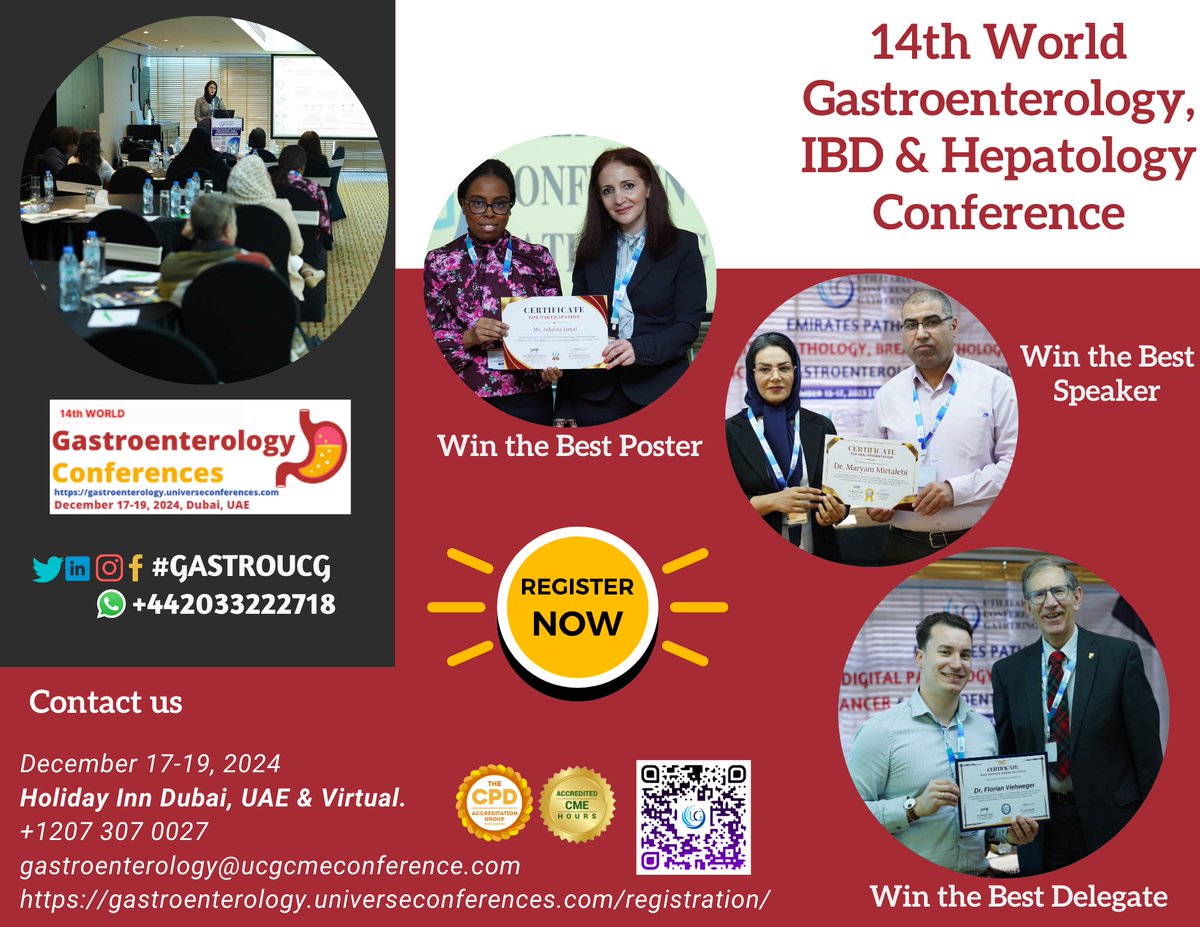 Win the Best Poster/Speaker/Delegate Award at the CME/CPD accredited 14th World Gastroenterology, IBD & Hepatology Conference from Dec 17-19, 2024, Dubai, UAE & Virtual
wa.me/442033222718?t… …troenterology.universeconferences.com/registration/ 
#GIProcedure #Covid19Impact #GastroPractice #CovidGIResponse