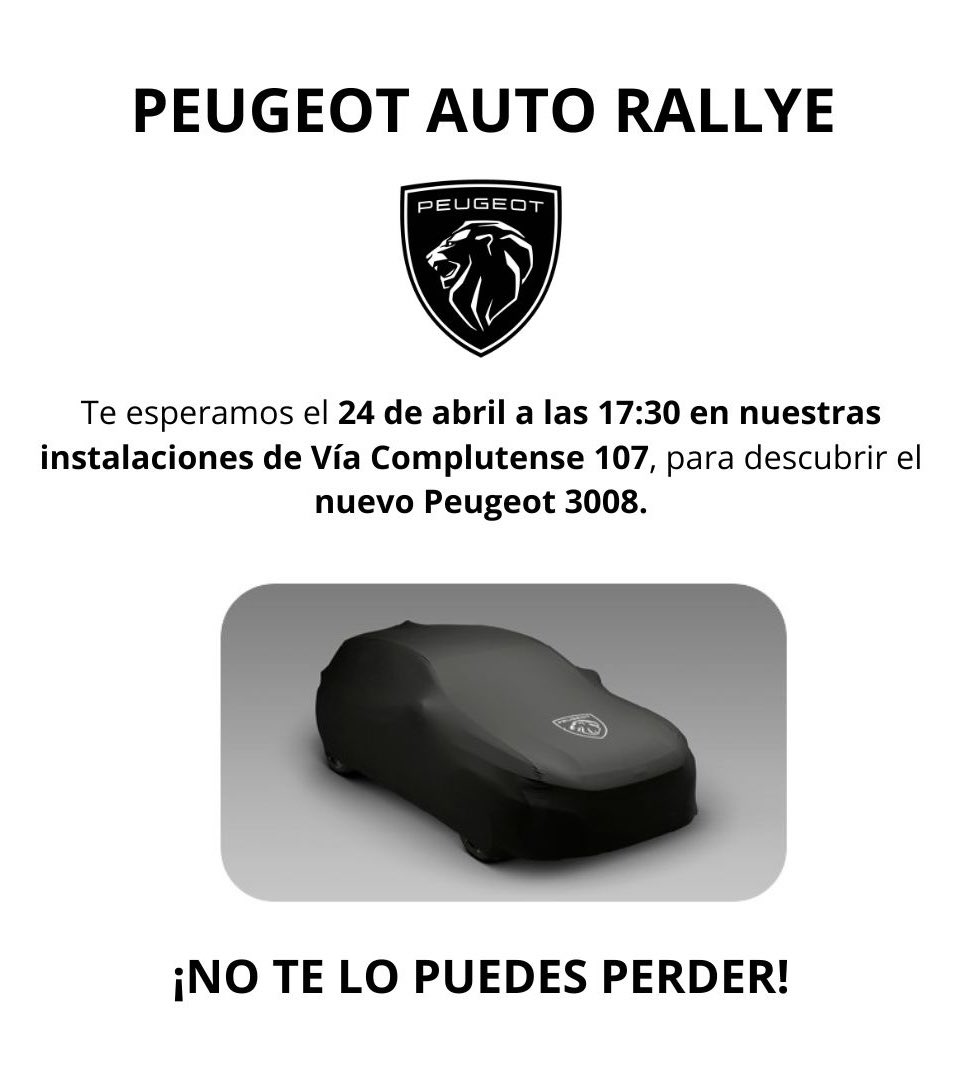 El próximo miércoles 24 de abril, te esperamos en #AutoRallye para descubrir el nuevo #Peugeot3008 💨

¡No te lo puedes perder!
