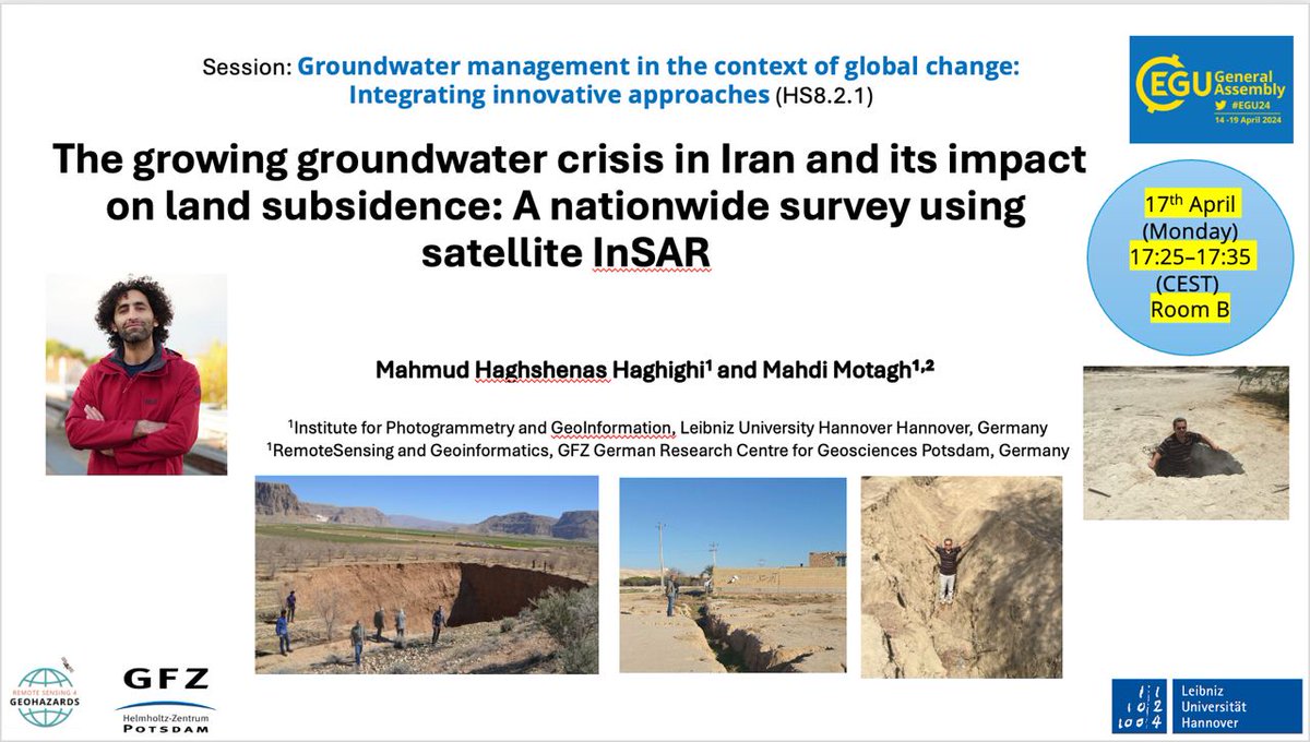 GfzRemote's tweet photo. Today, @Mahmudhh &amp; @MahdiMotagh will present their work on #groundwater crisis &amp; #landsubsidence across #Iran at #EGU24. We also have two posters for topics related to #landslide &amp; #earthquake that will be presented by Yan and Zelong, respectively 
@Land_Subsidence https://t.co/vTKwee8RA4