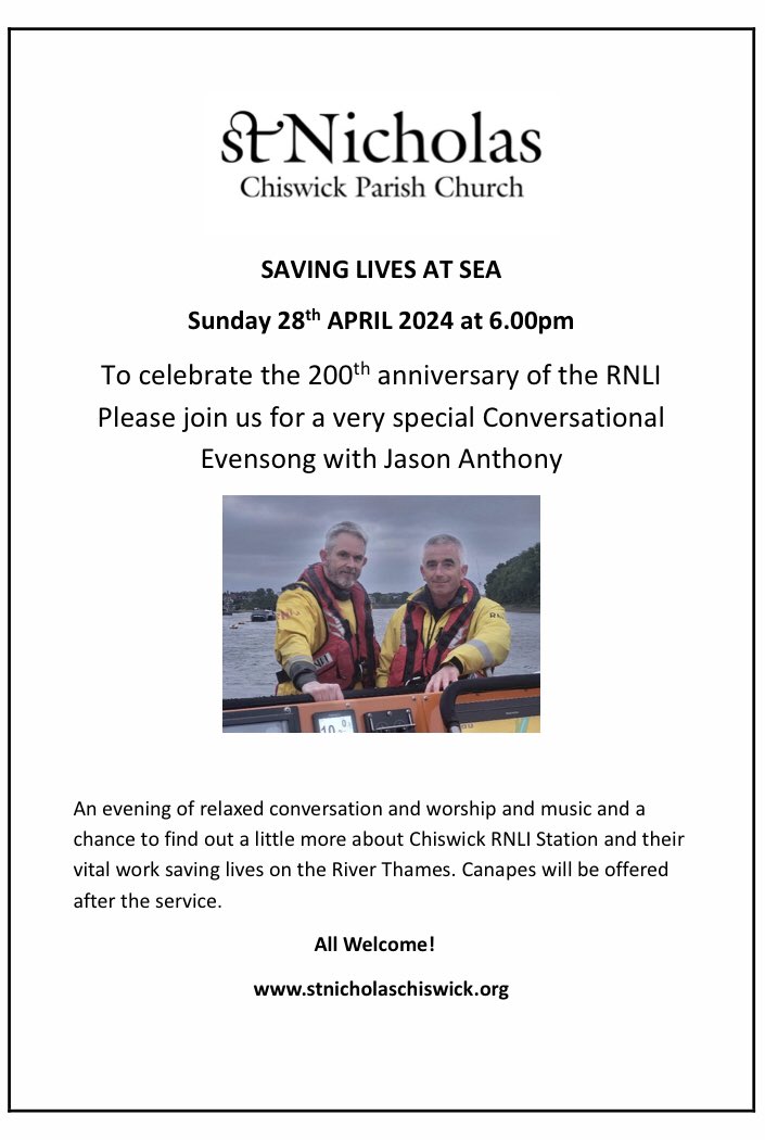 Join us for a very special Conversational Evensong on Sun 28 April at 6pm, when we’ll honour the vital work of the @ChiswickRNLI and hear from crew member Jason Anthony about our busy local station. There’ll be time for Q&A and refreshments, too. @RNLI