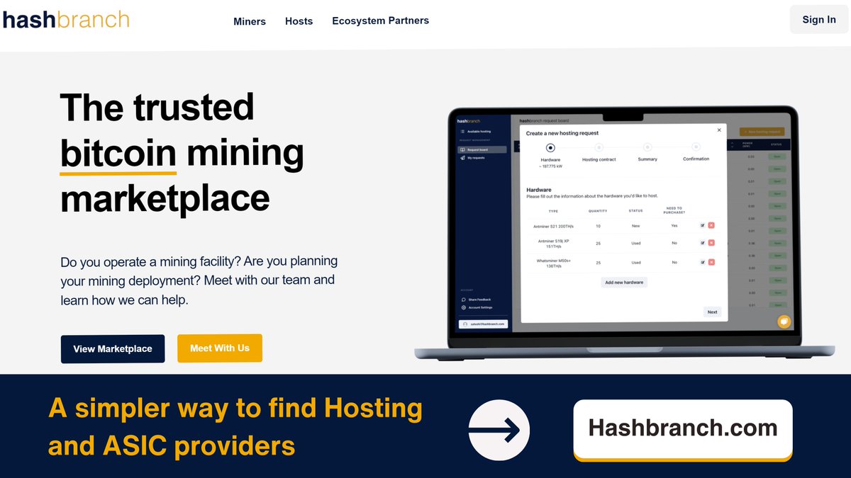 hashbranch's tweet image. 💻🌐 Our updated website is your gateway to trusted hosting services and ASIC providers. Navigate the mining landscape with Hashbranch - where simplicity meets innovation. Visit us now! 🚀

link.hashbranch.com/m

#Hashbranch #BitcoinMining #MiningMarketplace