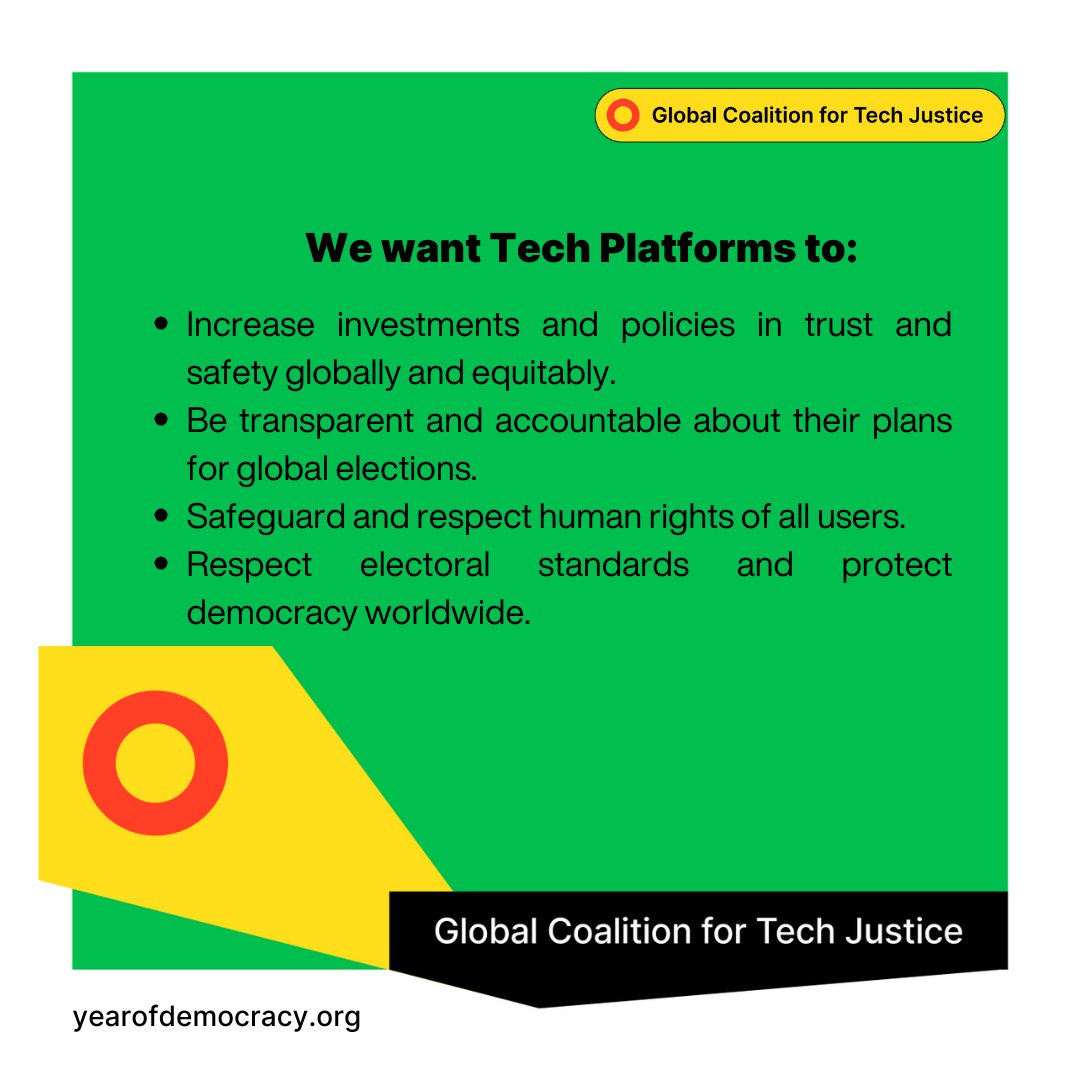 📌📌@GC_TechJustice call on @Meta @twitter @tiktok_us @YouTube #DoYourPART to protect people and elections and stop putting profits before lives and democracy in 2024 and beyond. Big Tech #DoYourPART: