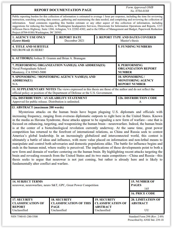 Mysterious attacks on the human brain have begun plaguing U.S. diplomats and officials with increasing frequency, ranging from overseas diplomatic outposts to right here in the United States. Known in the media as Havana Syndrome... apps.dtic.mil/sti/trecms/pdf…