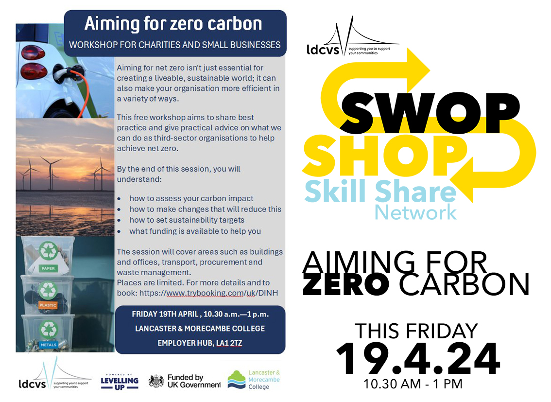 Our ‘Aiming for ZERO Carbon’ Swop Shop Skill Share Network event is THIS FRIDAY! 🌍 Last remaining places available!⏳ Expert guidance, setting targets and accessing funding around achieving #NetZero emissions! Book here 👉trybooking.com/uk/DINH #Sustainability #Lancaster